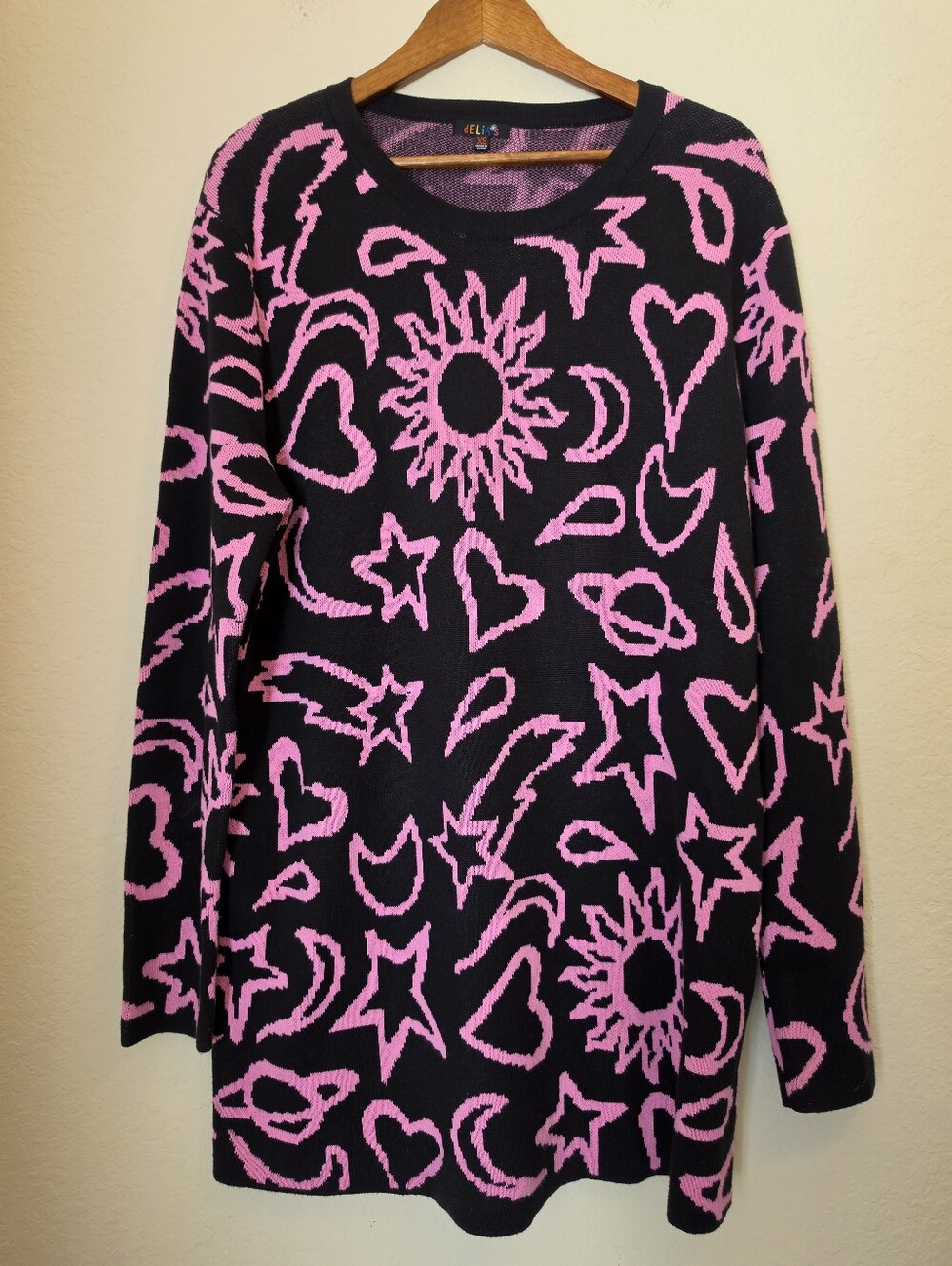 Delias Dolls Kill Sweater Dress Womens XS Black Pink Celestial Print Y2K Retro